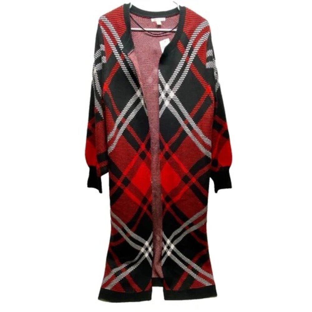 Cato Fashions Open Front Long Cardigan Duster Women's Large‎ Black Red Plaid NWT